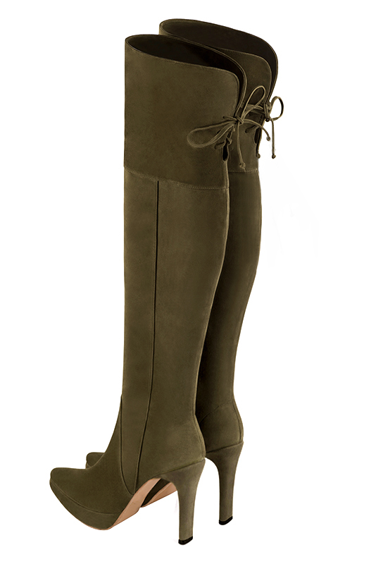 Khaki green women's leather thigh-high boots. Tapered toe. Very high slim heel with a platform at the front. Made to measure. Rear view - Florence KOOIJMAN